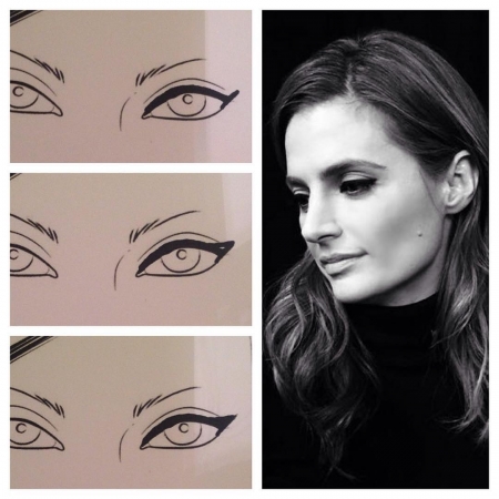 [url=https://instagram.com/p/BDOSUf9OJnN]@lizbeth4beauty[/url]: #Beckett #MaquiagemPorLizbethW #OlhosDeGatoDeMatar #SegredosDeBeleza
7. Delineador: o olho-de-gato é a marca registrada da Beckett e um visual que sempre usamos. Exigências da personagem, às vezes, ditam mudanças. Mas o visual normal da Beckett foi inspirado no visual dos anos 60 de Anouk Aimee e Monica Vitti.
a. Primeiro passo: Faço uma linha fina com delineador em gel na base dos cílios, começando logo depois do canto interno e indo ao longo de toda a pálpebra (uso 'Hourglass,' mas qualquer delineador em gel serve). Depois, começando da linha dos cílios inferiores, faço uma linha em diagonal subindo. (Vejam o diagrama)
b. Segundo passo: Depois pego meu fiel delineador líquido em caneta da Marc Jacobs 'Magic Marc'er' (à venda na Sephora) e, à partir do canto interno, traço uma linha até a linha diagonal externa. (Vejam o diagrama.)
c. Por fim, eu preencho essa linha começando pela ponta do olho-de-gato e voltando em direção aos olhos. Isso ajuda na precisão. 😻
*Por favor, perdoem o desenho do delineador no esquema. Tive que usar um hidrocor para isso.
